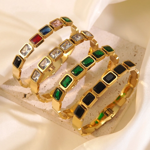 Bracelet Jonc Vintage en Acier Inoxydable Plaqué Or pour Femme Avec Zirconia Rectangulaire Incrusté Luxe Gravé Bijoux de Mode