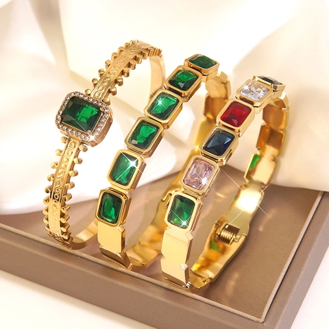 Bracelet Jonc Vintage en Acier Inoxydable Plaqué Or pour Femme Avec Zirconia Rectangulaire Incrusté Luxe Gravé Bijoux de Mode