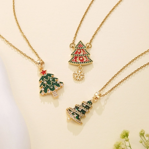 Christmas Stainless Steel Necklace Copper Alloy Enamel Xmas Tree Snowman Pendant Fashion Holiday Jewelry For Women Girls