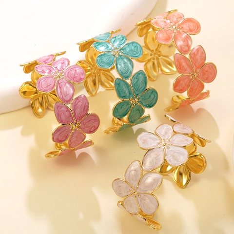 Bracciale a Cerchio Aperto in Acciaio Inossidabile Smaltato a Forma di Fiore e Cavalluccio Marino Gioielli Donna