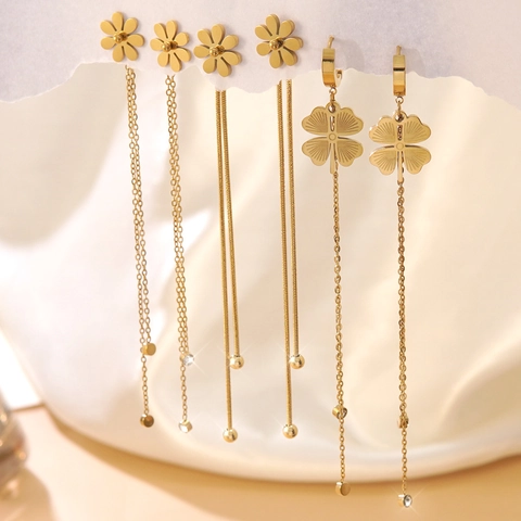 Orecchini in Acciaio Inossidabile con Trifoglio e Margherita Nappina Strass Lunghi Orecchini Pendenti per Donna Gioielli
