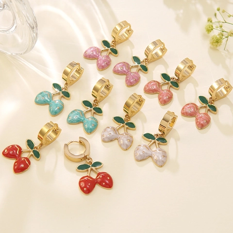 Stainless Steel Cute Cherry Fruit Drop Earrings For Women Gold Plated Enamel Sweet Drip Oil Dangle Hoop Earrings Fashion Jewelry