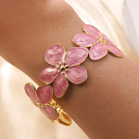Vintage Enamel Flower Stainless Steel Open Bangle Bracelet For Women Colorful Floral Drip Oil Adjustable Fashion Jewelry Gift