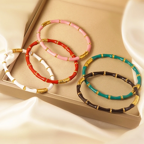 Modern 304 Stainless Steel Bamboo Joint Bangle For Women Elegant Gold Plated Enamel Colorful Fashion Jewelry Gift