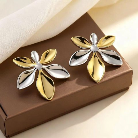 Boucles d'Oreilles Clous en Acier Inoxydable Fleur Mode de Luxe Bicolore Or Argent Floral Boucles d'Oreilles pour Femmes Bijoux Hypoallergéniques