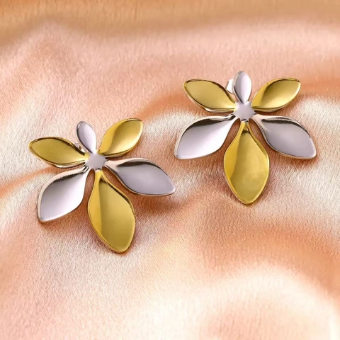 Boucles d'Oreilles Clous en Acier Inoxydable Fleur Mode de Luxe Bicolore Or Argent Floral Boucles d'Oreilles pour Femmes Bijoux Hypoallergéniques