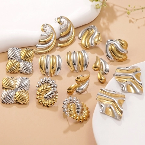 Fashion Stainless Steel Geometric Stud Earrings Gold Silver Contrast Mixed Color Ripple Leaf Spiral Drop Earrings Women Jewelry