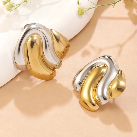 Vintage Stainless Steel Two-Tone Irregular Geometric Stud Earrings For Women Retro Fashion Gold Silver Mixed Color Jewelry Gift
