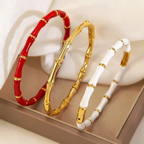 Luxury Stainless Steel Bamboo Joint Bangle For Women Gold Plated Enamel Drip Oil Fashion Bracelet Minimalist Jewelry