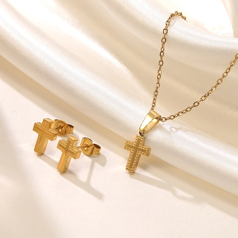 18K Gold Plated Stainless Steel Cross Pendant Necklace And Stud Earrings For Women Men Religious Textured Fashion Jewelry