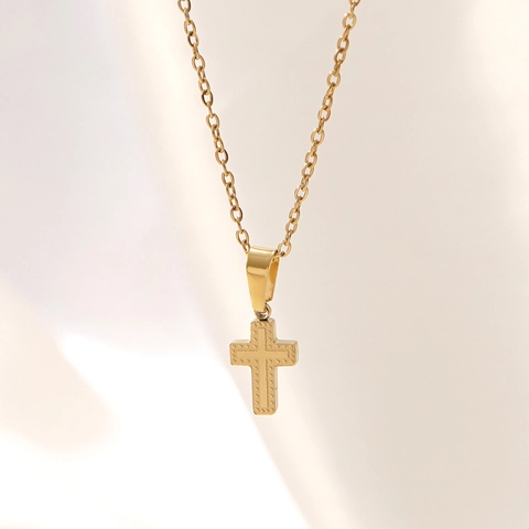 18K Gold Plated Stainless Steel Cross Pendant Necklace And Stud Earrings For Women Men Religious Textured Fashion Jewelry