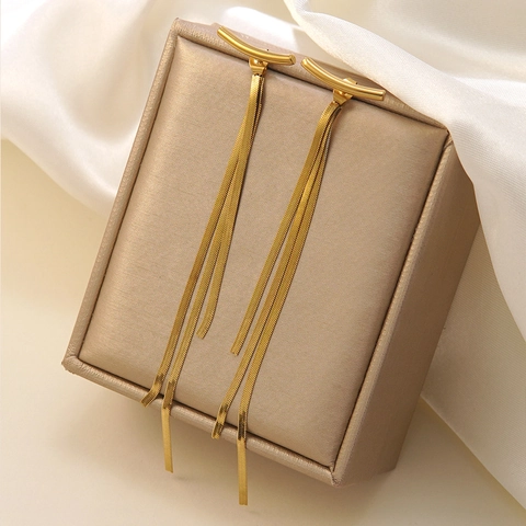 Women Gold Plated 304 Stainless Steel Long Tassel Earrings Elegant Snake Chain Geometric Curved Bar Dangle Drop Earrings