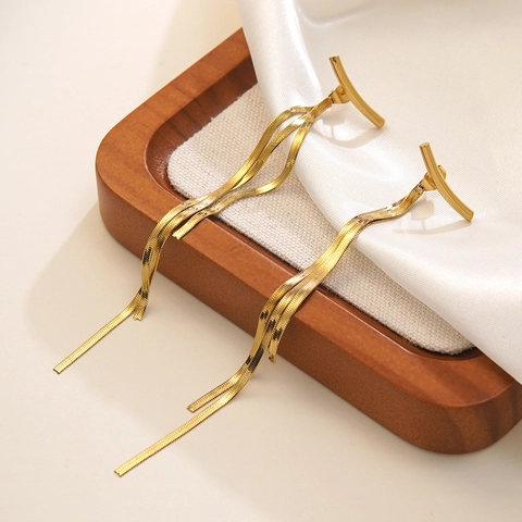 Women Gold Plated 304 Stainless Steel Long Tassel Earrings Elegant Snake Chain Geometric Curved Bar Dangle Drop Earrings