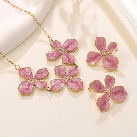 Vintage French Stainless Steel Enamel Flower Jewelry Set For Women Gold Plated Floral Necklace And Stud Earrings Set