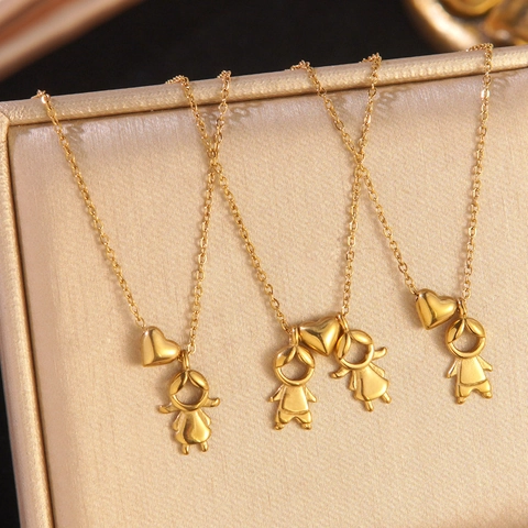 Stainless Steel Heart Boy Girl Pendant Necklace 18K Gold Plated Silhouette Figure Family Love Jewelry Gift For Women