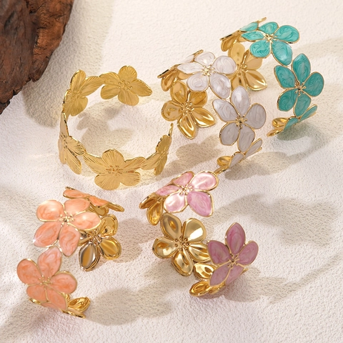 Mode Roestvrij Staal Emaille Bloem Open Manchet Armband Luxe Premium Druppelolie Bloemen Bangle Voor Vrouwen Dagelijks Sieraden