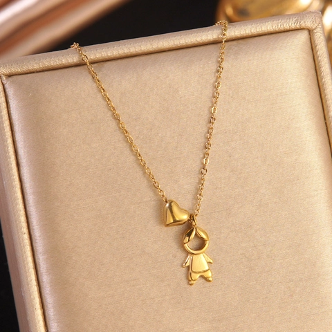 Stainless Steel Heart Boy Girl Pendant Necklace 18K Gold Plated Silhouette Figure Family Love Jewelry Gift For Women