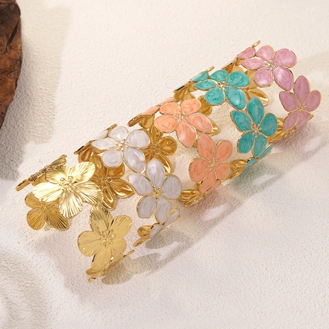 Mode Roestvrij Staal Emaille Bloem Open Manchet Armband Luxe Premium Druppelolie Bloemen Bangle Voor Vrouwen Dagelijks Sieraden