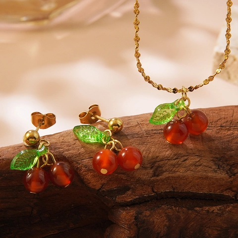 Sweet Stainless Steel Cherry Fruit Pendant Necklace Stud Earrings Jewelry Red Pink Green Gold Women Fashion Accessories