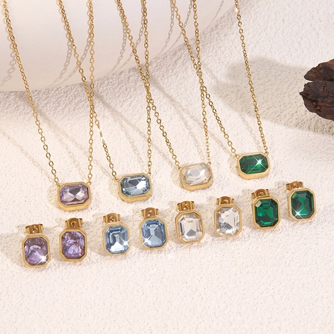 Gioielli di Moda in Acciaio Inossidabile Placcato Oro Con Zirconia Multicolore Taglio Smeraldo Collana E Orecchini Per Donna