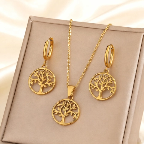 Collana E Orecchini In Acciaio Inossidabile Albero Della Vita Per Donna Placcato Oro Argento Pendente Tondo Gioielli