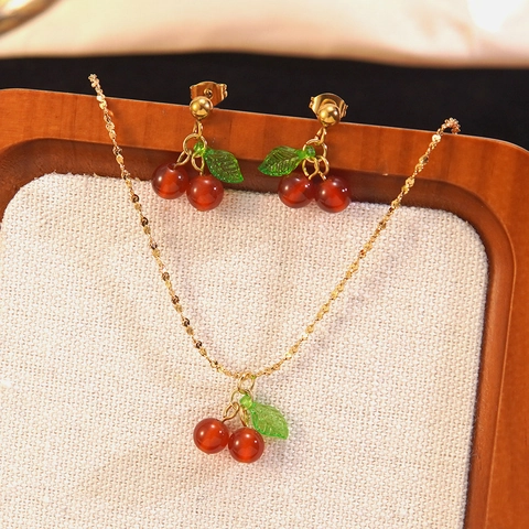 Stainless Steel Red Cherry Fruit Pendant Necklace And Stud Earrings Set For Women Sweet Style Fashion Commuter Jewelry