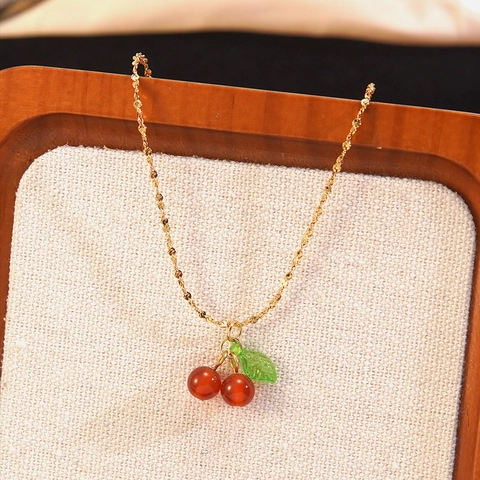 Stainless Steel Red Cherry Fruit Pendant Necklace And Stud Earrings Set For Women Sweet Style Fashion Commuter Jewelry