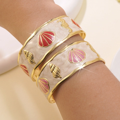 Stainless Steel Open Cuff Bangle Gold Plated Enamel Marble Texture Shell Seahorse Marine Style Adjustable Jewelry Gift Women