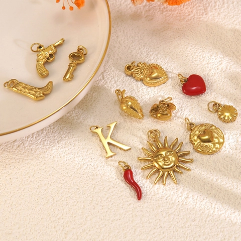 Stainless Steel Gold Plated Mini Charms For Jewelry Making Chili Boot Heart Strawberry Sun Key Letter Pendant Accessories
