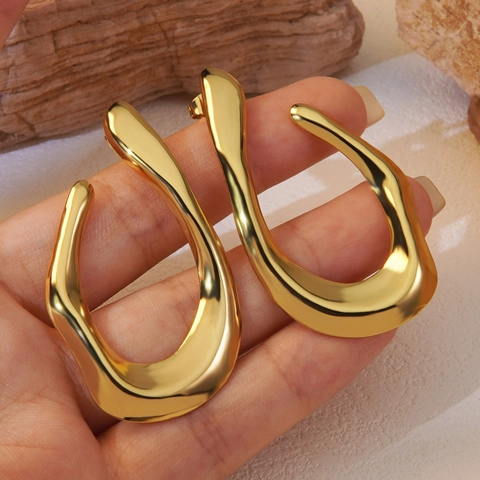 Minimalist Stainless Steel Geometric U-Shaped Irregular Wave Earrings For Women Gold Plated Liquid Metal Style Fashion Jewelry