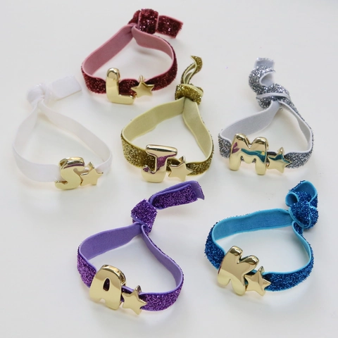 Pulsera de Banda Elástica Con Purpurina Dije de Letra Inglesa de Latón Estrella Pentagrama Joyería Ajustable para Mujer