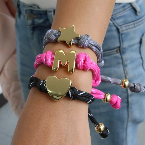 Verstellbares Handgefertigtes Geflochtenes Seilarmband 18k Vergoldet Messing Buchstabe Herz Stern Charm Damen Schmuck