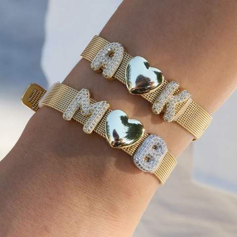 Personalized Zircon Bubble Alphabet Mesh Band Bracelet Gold Silver Plated Copper Adjustable Letter Heart Charm Bracelet Jewelry