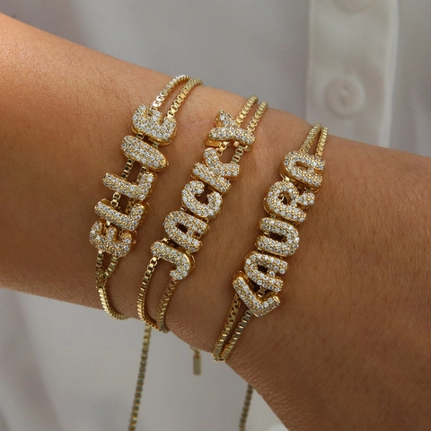 Zirkonia Initialen Bubble Buchstaben Armband Für Damen Gold Silber Vergoldet Messing Alphabet Anhänger Einstellbar DIY Modeschmuck
