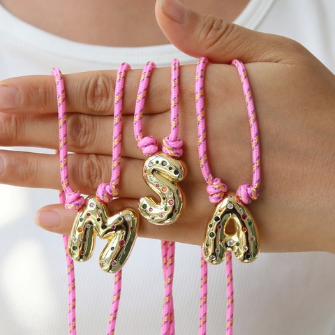 Gold Plated Copper Bubble Initial Letter Pendant Necklace Multi Colored Zirconia Inlaid Pink Braided Rope Jewelry Women