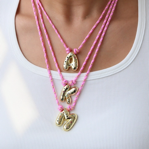 Gold Plated Copper Bubble Initial Letter Pendant Necklace Multi Colored Zirconia Inlaid Pink Braided Rope Jewelry Women