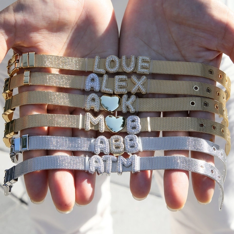 Personalized Zircon Bubble Alphabet Mesh Band Bracelet Gold Silver Plated Copper Adjustable Letter Heart Charm Bracelet Jewelry
