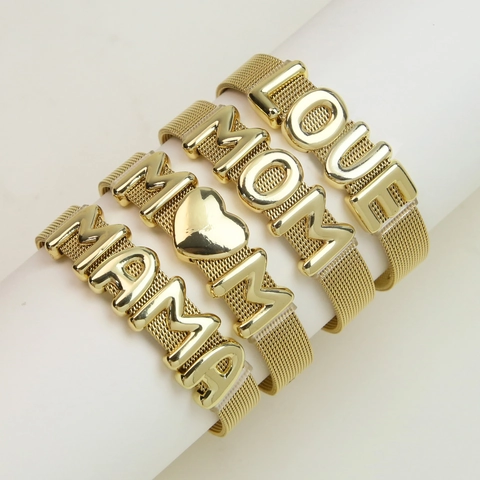Gold Plated Stainless Steel Mesh Chain Bracelet With MAMA MOM LOVE Letter Sliders Adjustable Jewelry For Women Mother's Day Gift