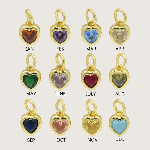 Colgante de Corazón de Latón Piedra de Nacimiento Oro Plata Chapado Circonita Charm Corazón Para Creación de Joyas DIY Mujer