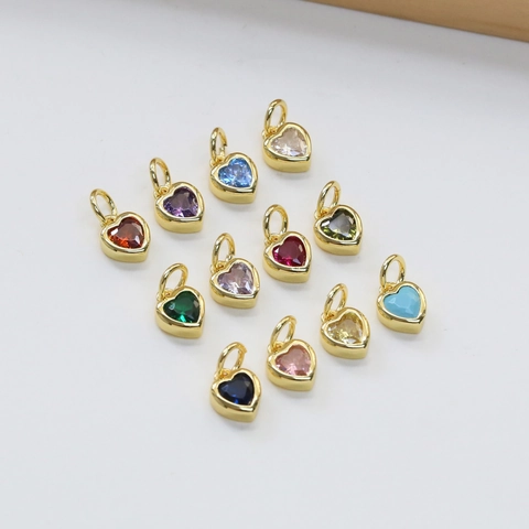 Colgante de Corazón de Latón Piedra de Nacimiento Oro Plata Chapado Circonita Charm Corazón Para Creación de Joyas DIY Mujer