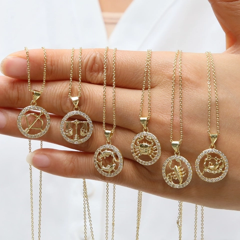 Collar con Colgante de Zodiaco Redondo de Cobre Bañado en Oro de 18K con Strass para Mujer Joyas de Doce Constelaciones