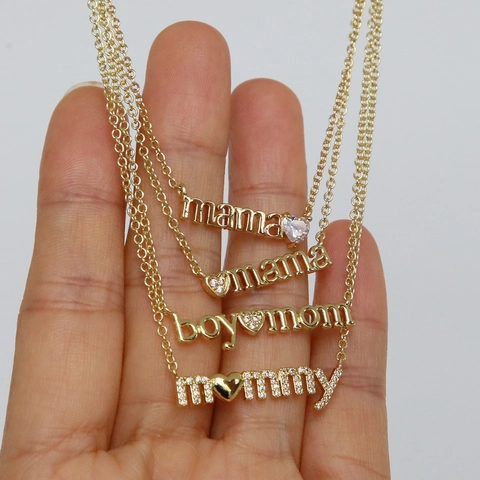 Collar con Colgante de Corazón Mama Mommy Boy Girl Mom de Latón Chapado en Oro de 18K Zirconia Cúbica Regalo de Joyería para el Día de la Madre Mujer