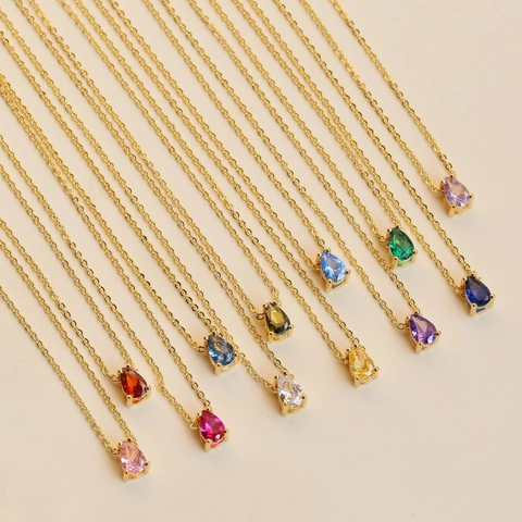 Brass 18K Gold Plated Pear Shaped Birthstone Pendant Necklace For Women Minimalist Dainty Waterdrop Rhinestone Jewelry Birthday Gift