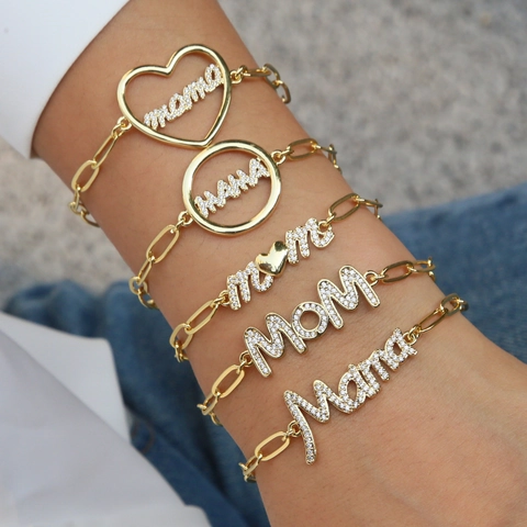 Eleganter Messing Mama Mom Buchstaben Büroklammerkette Armband Mit Strass Pave Anhänger Für Muttertag Damen Schmuck Geschenk