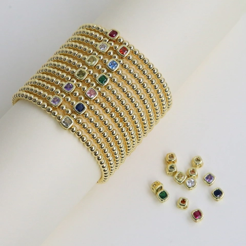 Copper Birthstone Bracelet Square Month Stone Gold Silver Plated Beaded Elastic Bracelet For Women Birthday Jewelry