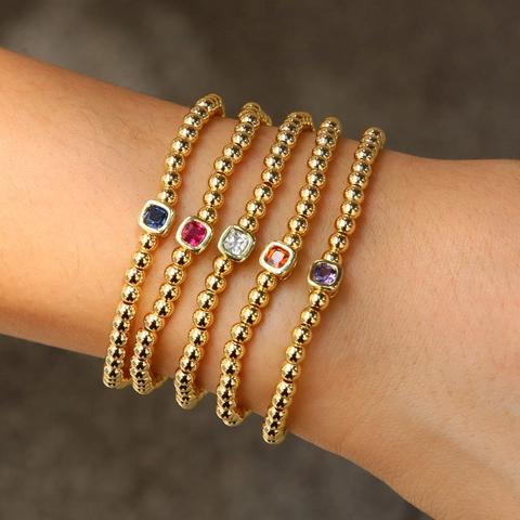 Copper Birthstone Bracelet Square Month Stone Gold Silver Plated Beaded Elastic Bracelet For Women Birthday Jewelry