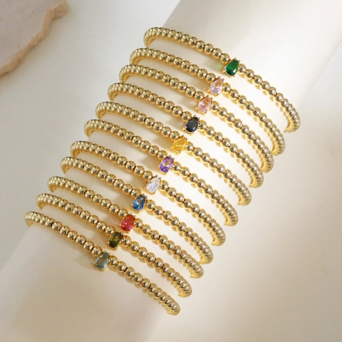 18K Gold Plated Brass Beaded Elastic Bracelet Pear Cut Zircon 12 Month Birthstone Water Drop Charm Jewelry For Women