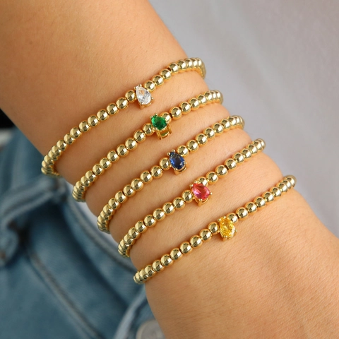 18K Gold Plated Brass Beaded Elastic Bracelet Pear Cut Zircon 12 Month Birthstone Water Drop Charm Jewelry For Women