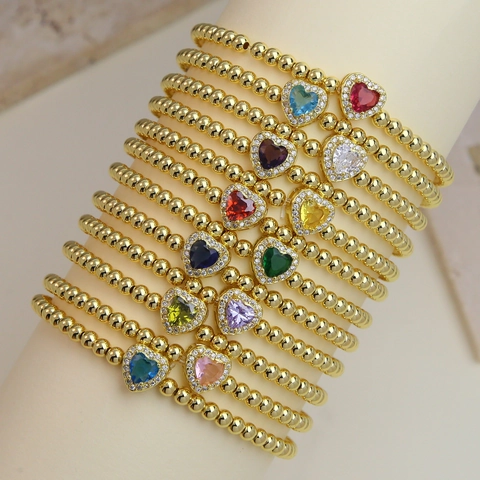 18K Gold Plated Heart Birthstone Copper Bead Stretch Bracelet For Women Rhinestone Colorful Heart Pendant Beaded Elastic Jewelry