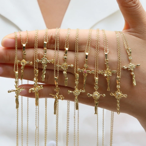 Birth Flower Cross Pendant Necklace Gold Plated Brass Floral Crucifix Chain Jewelry For Women Mothers Day Gift Vintage Style